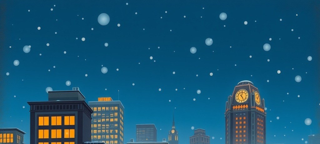 A painterly illustration of a snowy Detroit skyline at dusk, with warm glowing windows and falling snow.